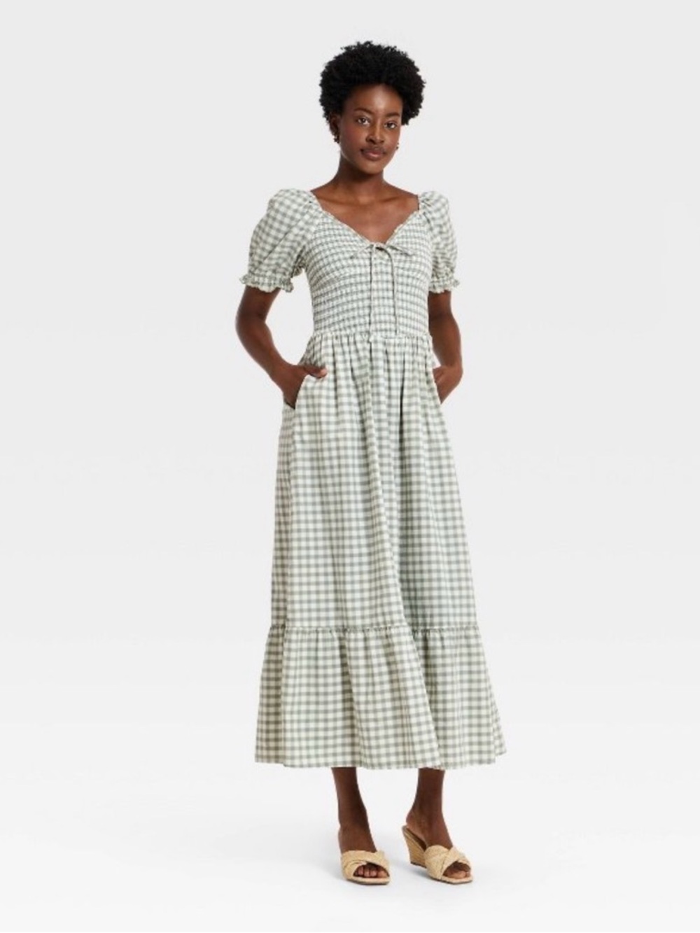 Universal Thread Light Green Gingham Puff-Sleeve Midi Dress